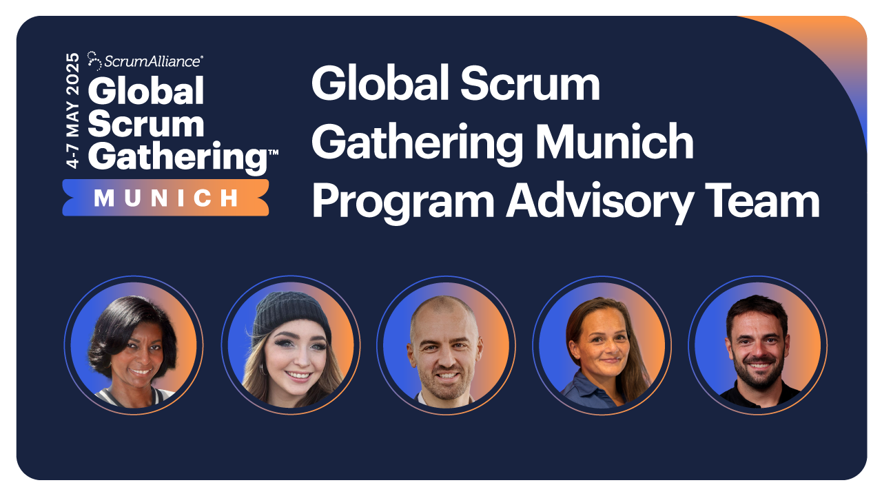 A Scrum Alliance graphic showing the portraits of the 5 Program Advisory Team members